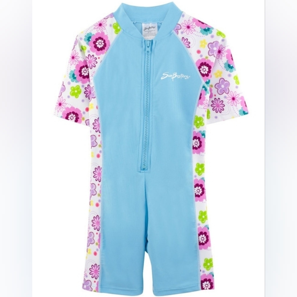 SunBusters UPF50+ UV Protection Kids Floral Blue Sunsuit Swimsuit Size 4/5 NWT